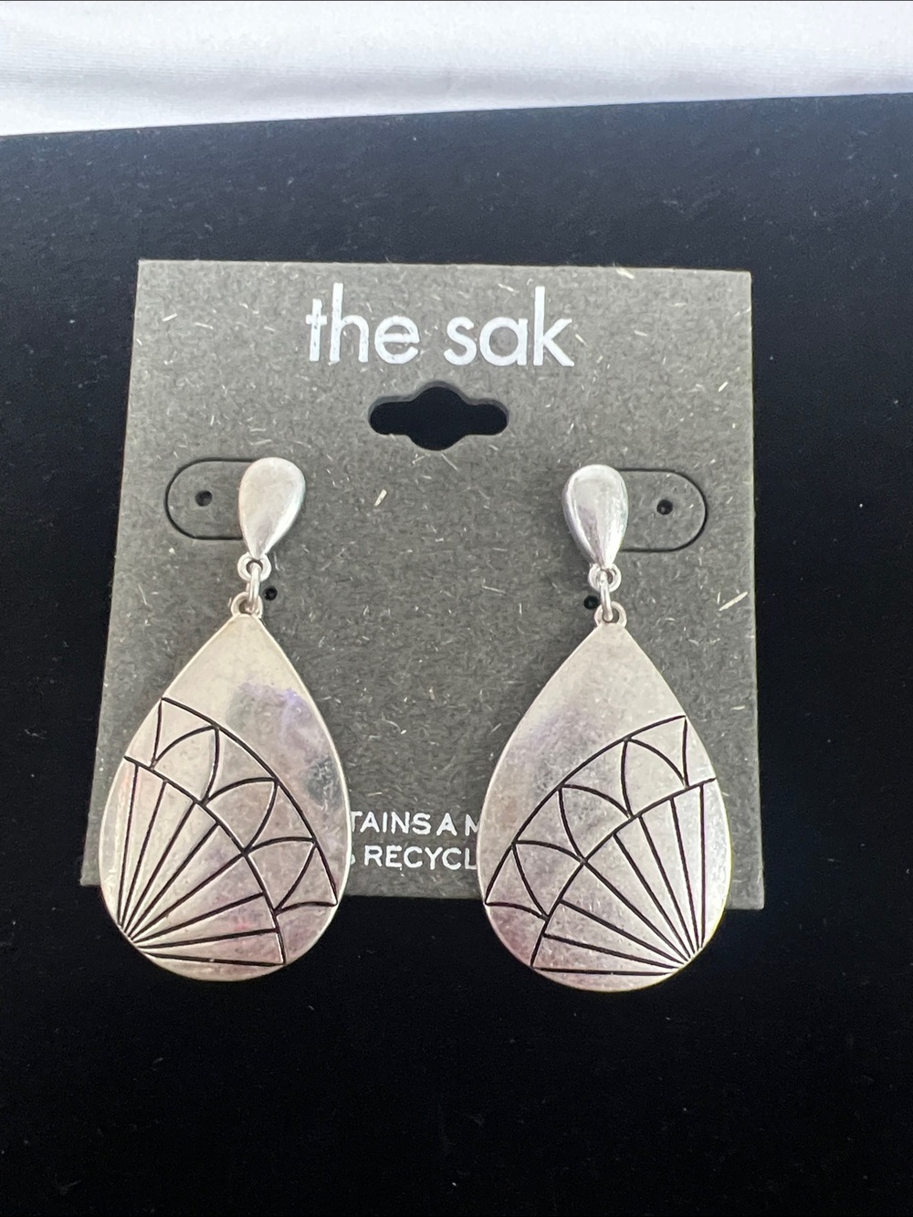 The Sak Silver Teardrop Earrings with Geometric Etching